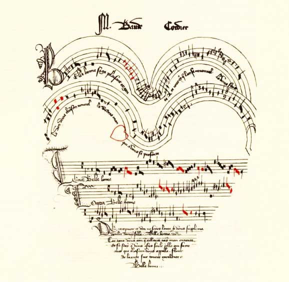 Baude Cordier – Belle, bonne, sage – zapis utworu w kształcie serca